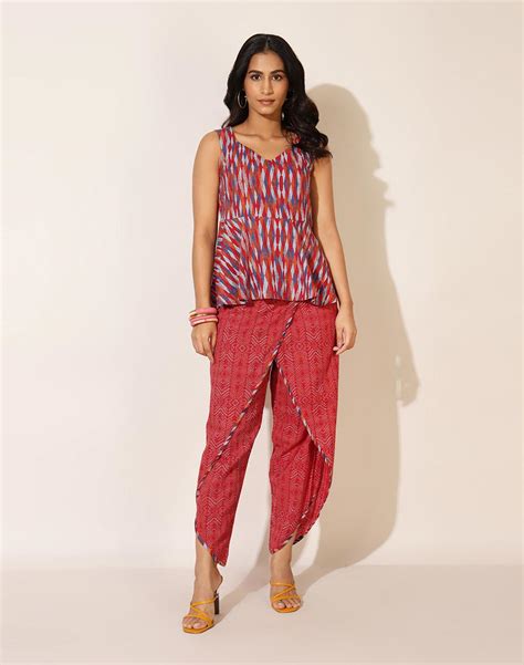 Buy Nuindian Red Printed Sweetheart Neck Cotton 2pc Dhoti Set For Women Online At Fabindia