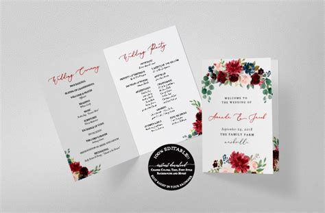 Bi Fold Wedding Program Template Burgundy Wedding Program Etsy