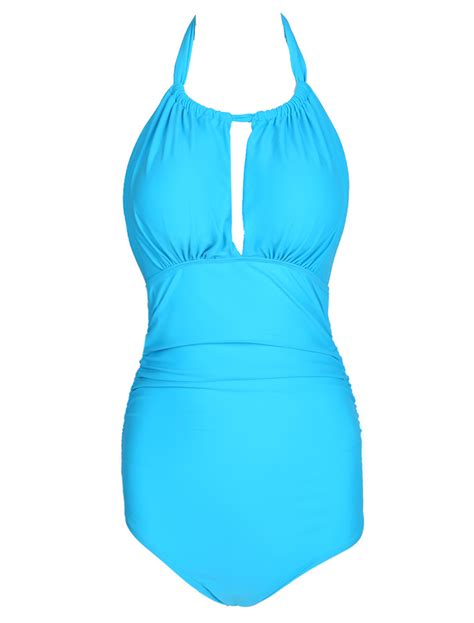 Deep V Neck Solid Color Halter Cut Out Womens One Piece Hot Swimsuit