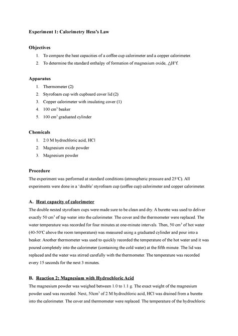 Chm Experiment Calorimetry Hess S Law Experiment