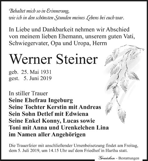 Traueranzeigen Von Werner Steiner Trauer Anzeigen De