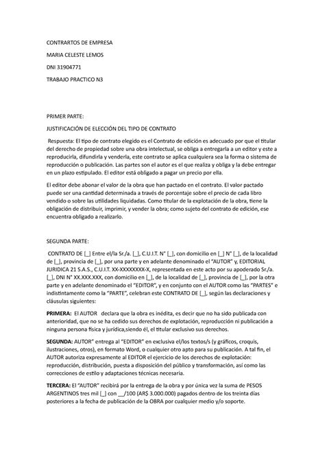 Trabajo Practico N Contratos De Empresa Contrartos De Empresa