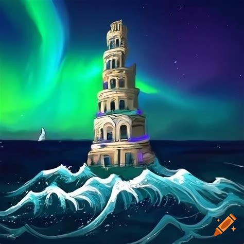 Anime Style Tower With Aurora Borealis And Sea Waves