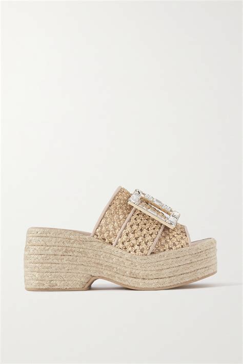 Roger Vivier Crystal Embellished Suede Trimmed Raffia Platform Mules Editorialist