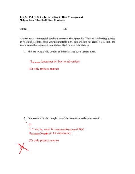 Sample Midterm Solutions Eecs Introduction To Data Management Midterm