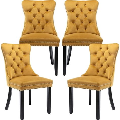 Oduse Daily 4 Pcs Yellow Velvet Dining Chairs Upholstered Solid Wood