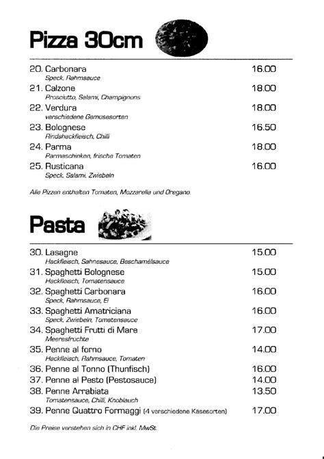 Speisekarte Von Pizzeria Pronto Starrkirch Wil