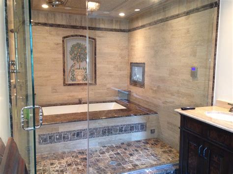 Big Bathtub Behind Glass Doors With Enclosed Shower Built In Tv In The Tile Wall Okay This