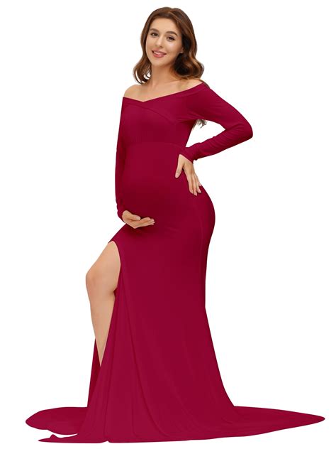 Justvh Maternity Photoshoot Dress Off Shoulder Long Sleeve Side Slit