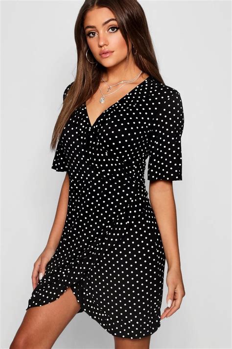 Womens Ruffle Front Polka Dot Tea Dress Boohoo Uk