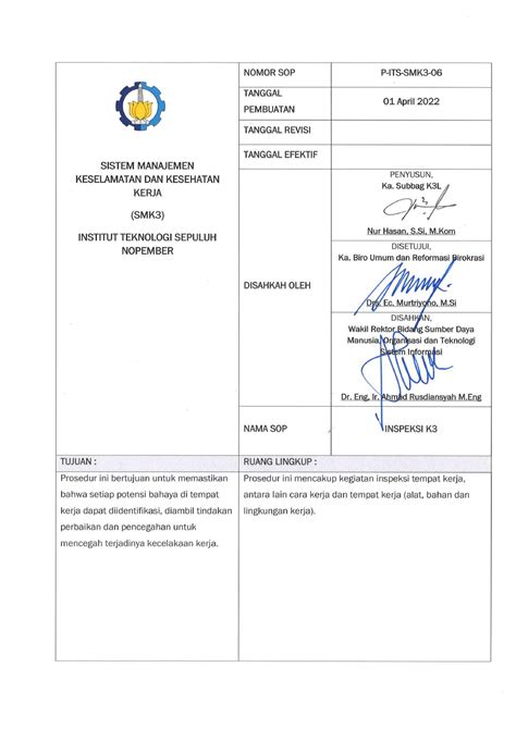 SOP Inspeksi K3 BNN Masa DASAR HUKUM KUALIFIKASI PELAKSANA