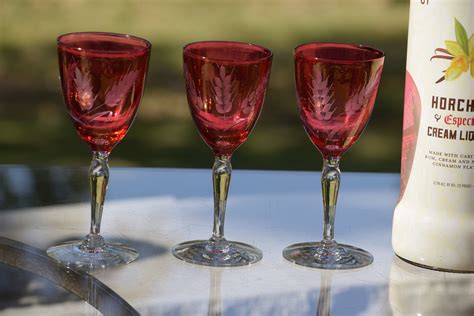 4 Vintage Red Etched Liqueur Wine Glasses 1950 S After Dinner Drink