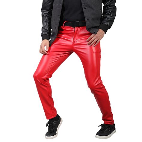 Allthemen Men S Casual Mid Waist Slim Straight Fit Solid Color Leather