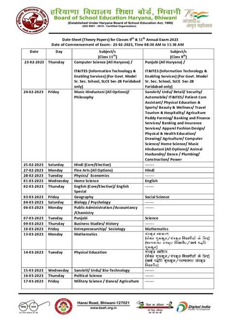 Hbse Class 9th Date Sheet 2023