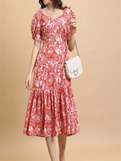 Buy Tokyo Talkies Red Floral Printed Sweetheart Neck Puff Sleeve Tiered