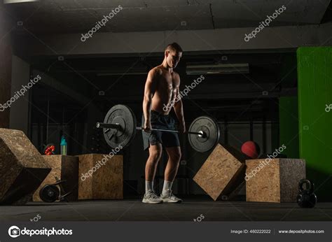 Fit Strong Shirtless Athlete Doing Squats Hardcore Cross Fit Workout