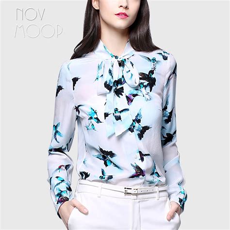 Office Style Ladies Natural Silk Tops And Blouses Blue Bird Printed