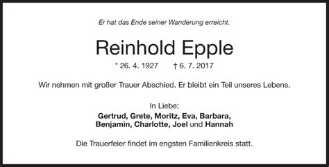 Traueranzeigen Von Reinhold Epple Stuttgart Gedenkt De