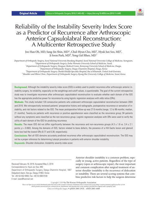 PDF Reliability Of The Instability Severity Index Score As A