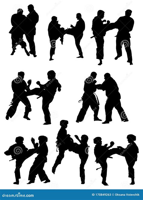 Silhouettes Of Karate Stances And Punches Vector Illustration