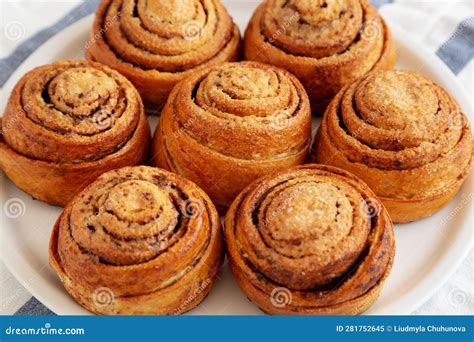 Homemade Cinnamon Roll Pastry On A White Wooden Background Side View Close Up Stock Image