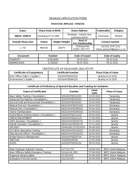 Seaman Application Form For The Position Of Master Pdf Sailor Shipping