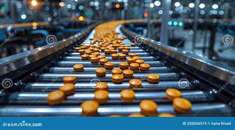 Pharmaceutical Production Line With Orange Tablets On Conveyor Belt In