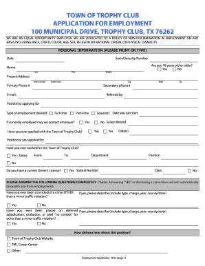 Fillable Online TOWN OF TROPHY CLUB APPLICATION FOR EMPLOYMENT 100