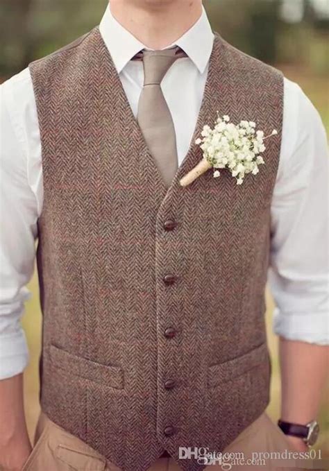 Hot Sell Country Farm Wedding Brown Wool Herringbone Tweed Vests Groom