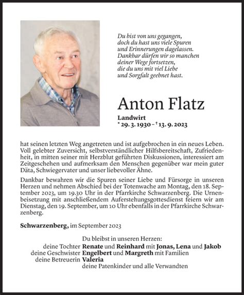 Todesanzeigen Von Anton Flatz Todesanzeigen Vorarlberger Nachrichten