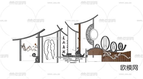 新中式乡村民俗文化景墙su模型下载id12130269sketchup模型下载 欧模网