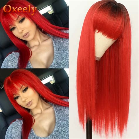 Oxeely Red Wig Long Straight Synthetic Hair Wigs With Bangs Heat