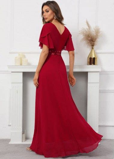 Sequin Red Short Sleeve V Neck Dress Rosewe Usd Gown