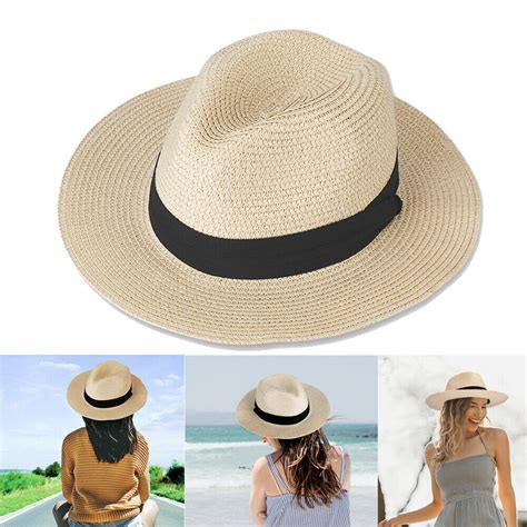 Upf 50 Womens Mens Wide Brim Straw Panama Hat Fedora Summer Beach