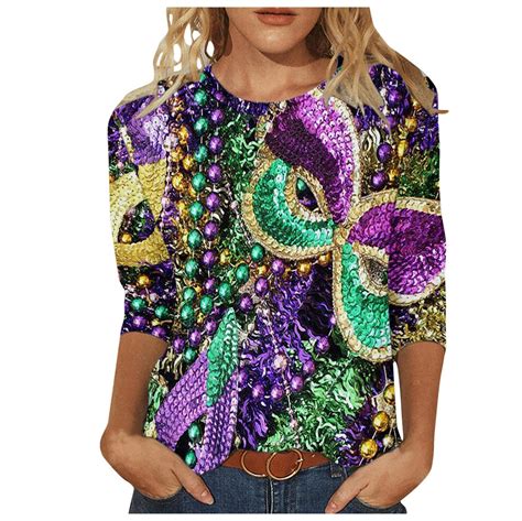 Tqwqt Womens Mardi Gras Tops Sleeve Shirts Round Neck Loose Casual