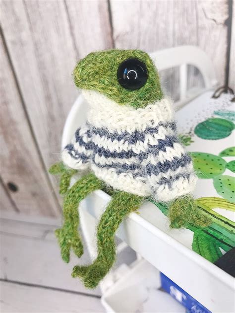 Knitted Frog In Striped Sweater Crochet Green Froggy Toy Tiktok Frog In