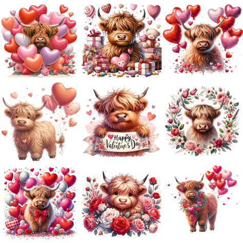 24 Valentines Day Highland Cows Clipart Bundle Valentines Day Cow Clip