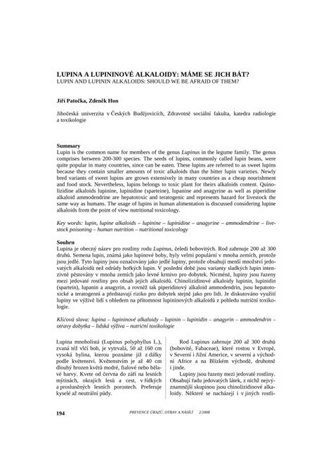 Pdf Lupina A Lupininov Alkaloidy M Me Se Jich Casopis Zsfju Zsf