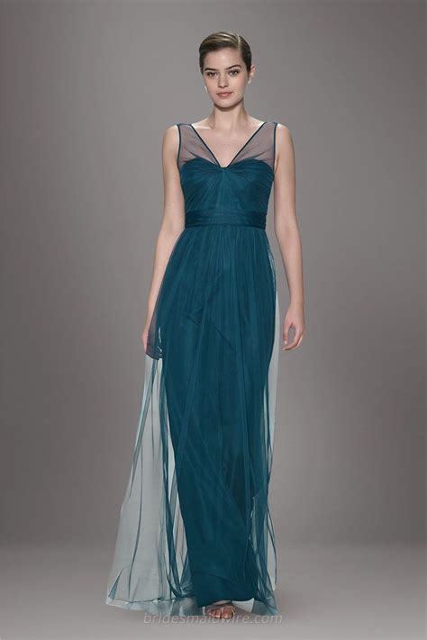 Teal Blue Sheer V Neck Chiffon And Tulle A Line Long Bridesmaid Dress Bridesmaid Dresses Prom