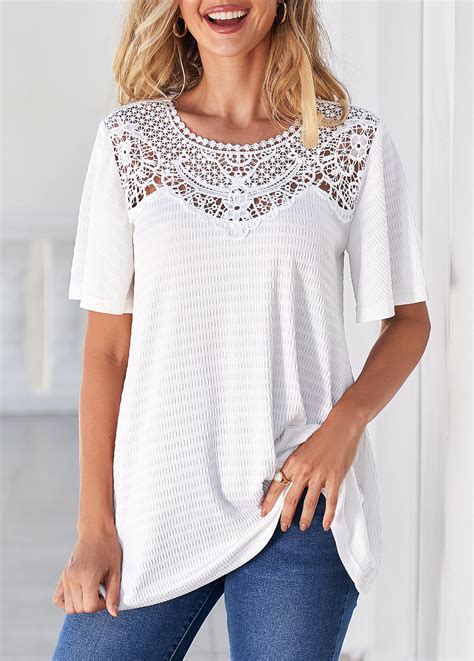 Rotita Lace Patchwork White Short Sleeve T Shirt Rotita Usd