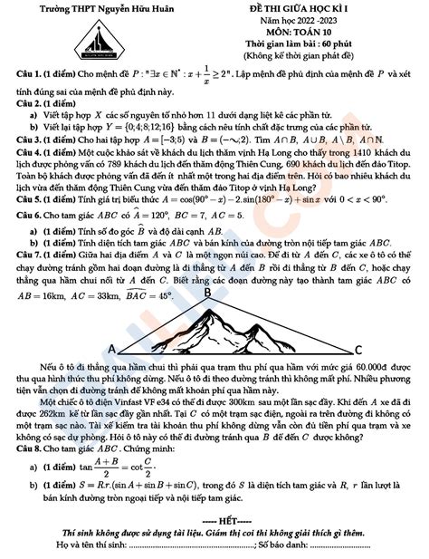 Đề Toán lớp 10 giữa học kì 1 năm 2022 2023 THPT Nguyễn Hữu Huân TP HCM