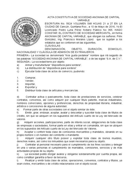 Acta Constitutiva De Sociedad Anonima De Capital Variable Liquidación Compartir Finanzas