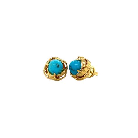 Gold Ear Studs With Turquoise 18 Krt Vintage Jewellery