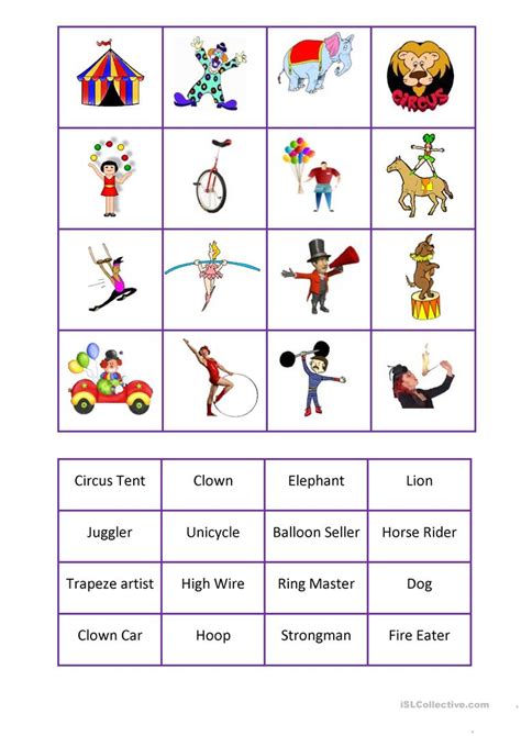 Circus Bingo English Esl Worksheets For Distance Learning Printable