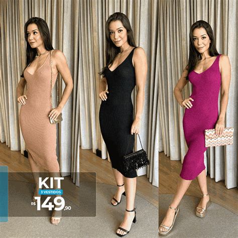 Kit Vestidos Midi Tricot Nude Preto E Fucsia