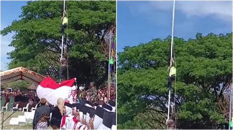 Viral Video Polisi Panjat Tiang Untuk Perbaiki Tali Bendera Saat