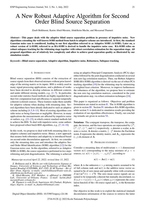 Pdf A New Robust Adaptive Algorithm For Second Order Blind Source