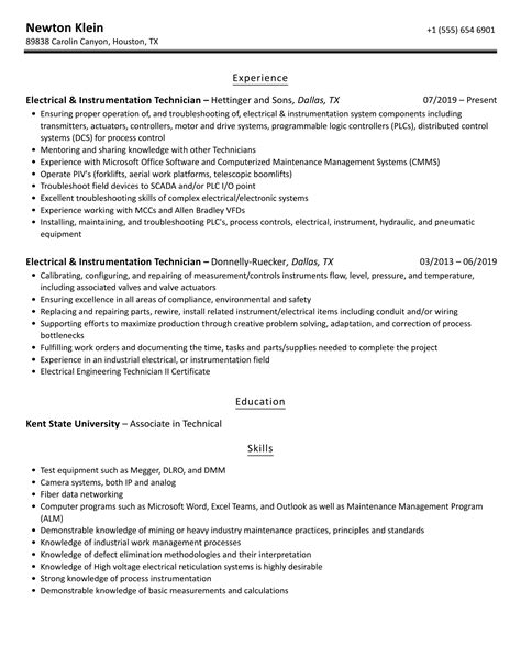 Electrical & Instrumentation Technician Resume Samples | Velvet Jobs