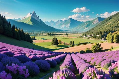 Un Campo De Flores Moradas Frente A Una Cordillera Foto Premium