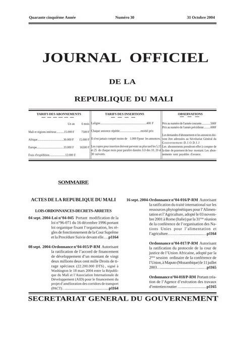 Pdf Journal Officiel Du Mali De L Ann E Sur La Pr Vention Et